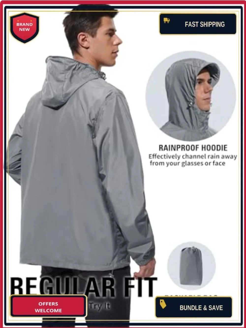 Men's Lightweight Packable Waterproof Rain Jacket Windbreaker Hooded